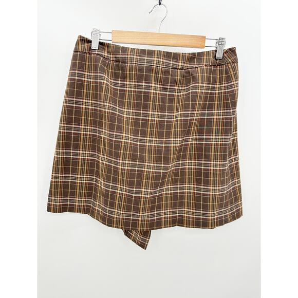 Nine West Brown Plaid Printed Button Front Wrap Mini Skirt Academia Women's 10 - Picture 2 of 6